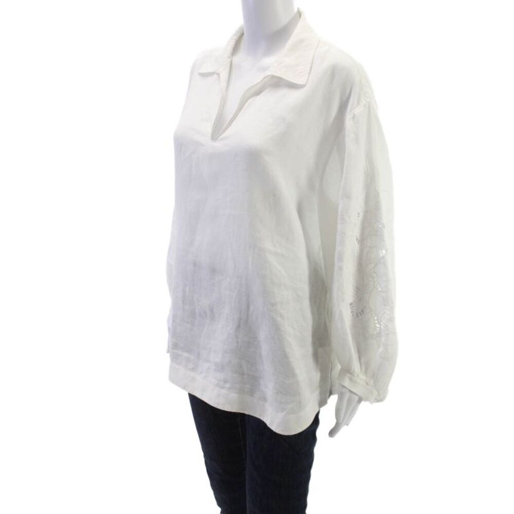 Lafayette 148 New York Women Linen Tunic White Collared 3/4 Sleeve Size L - Picture 2 of 6